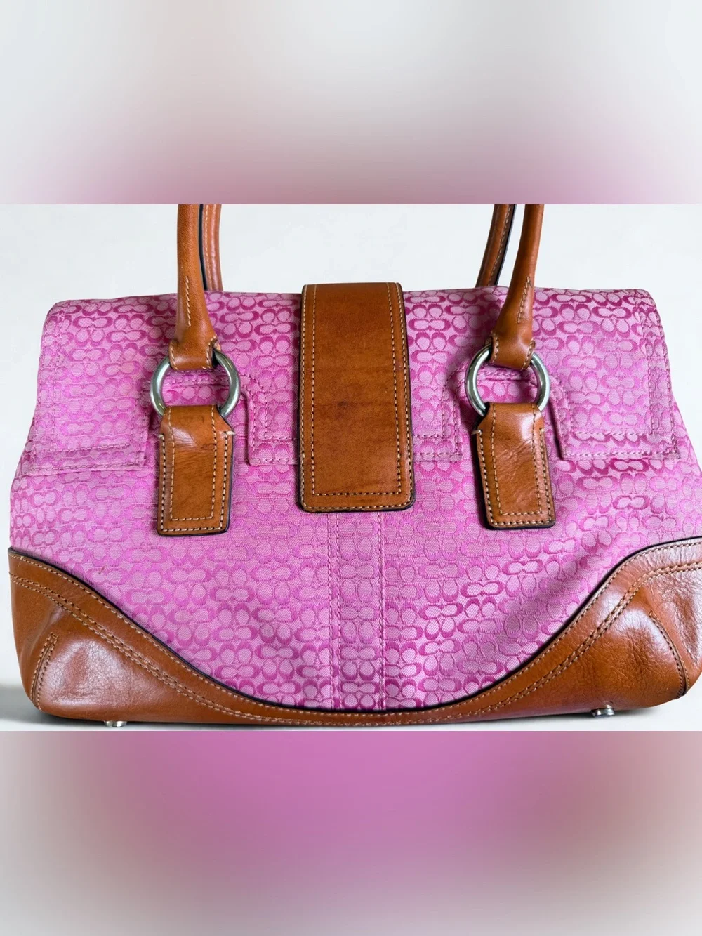 Coach Pink Canvas Satchel with Tan Leather Trim and Buckle Barbiecore